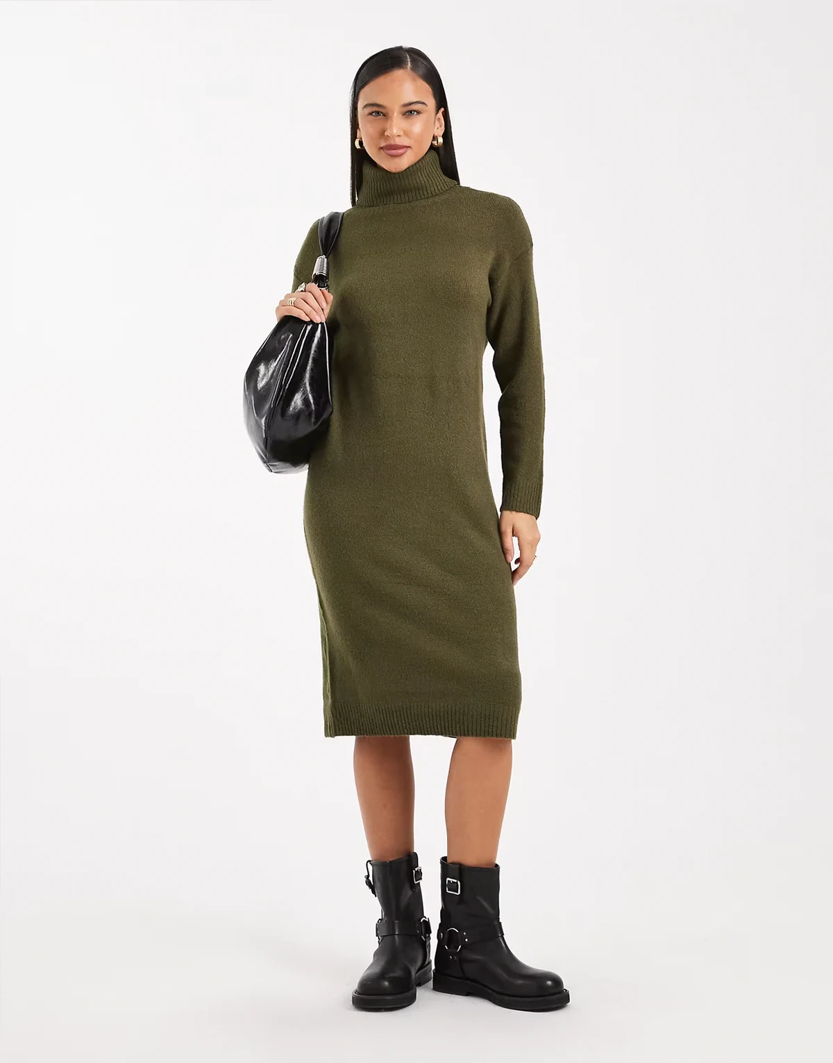 knit turtle neck sweater dress in khaki green