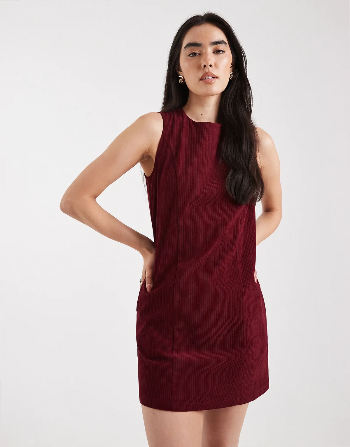 cotton look cord sleeveless mini dress in fig