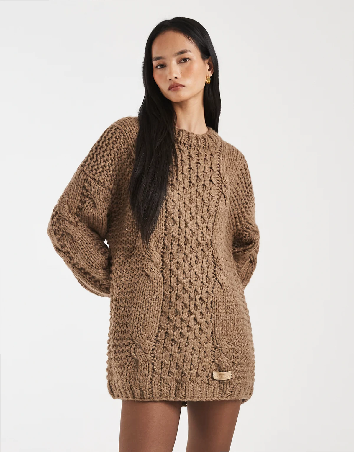 Orla hand knit balloon sleeve cable knit mini sweater dress in mocha