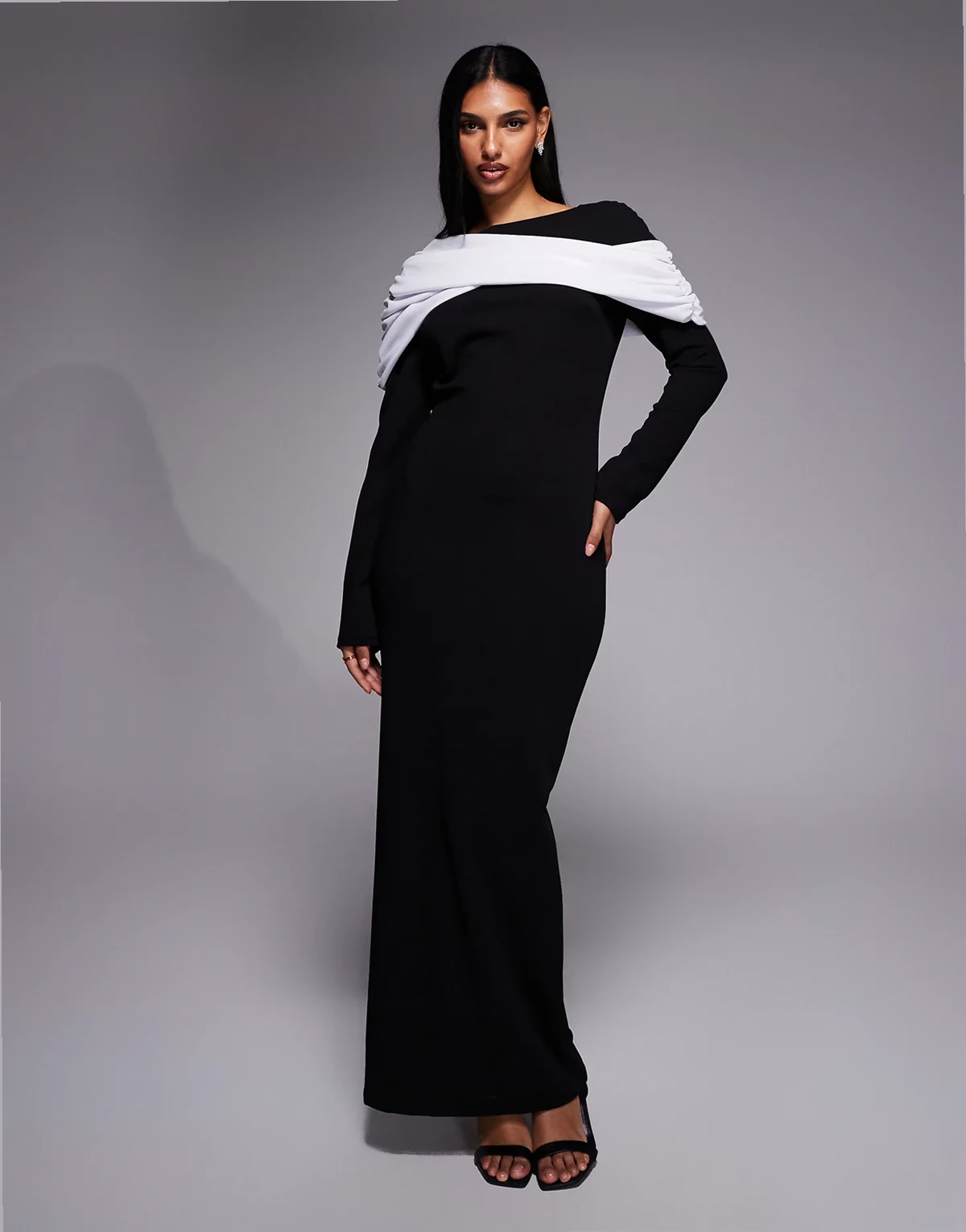draped detailing jersey maxi dress in black and ivory