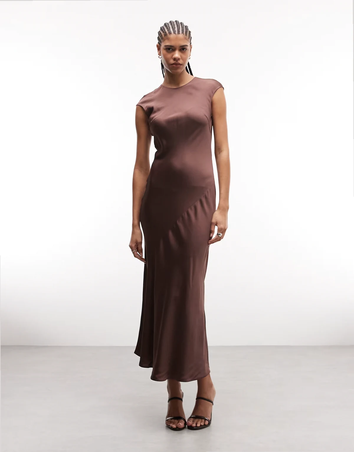 bias cut satin maxi dress with cap sleeve in dark brown