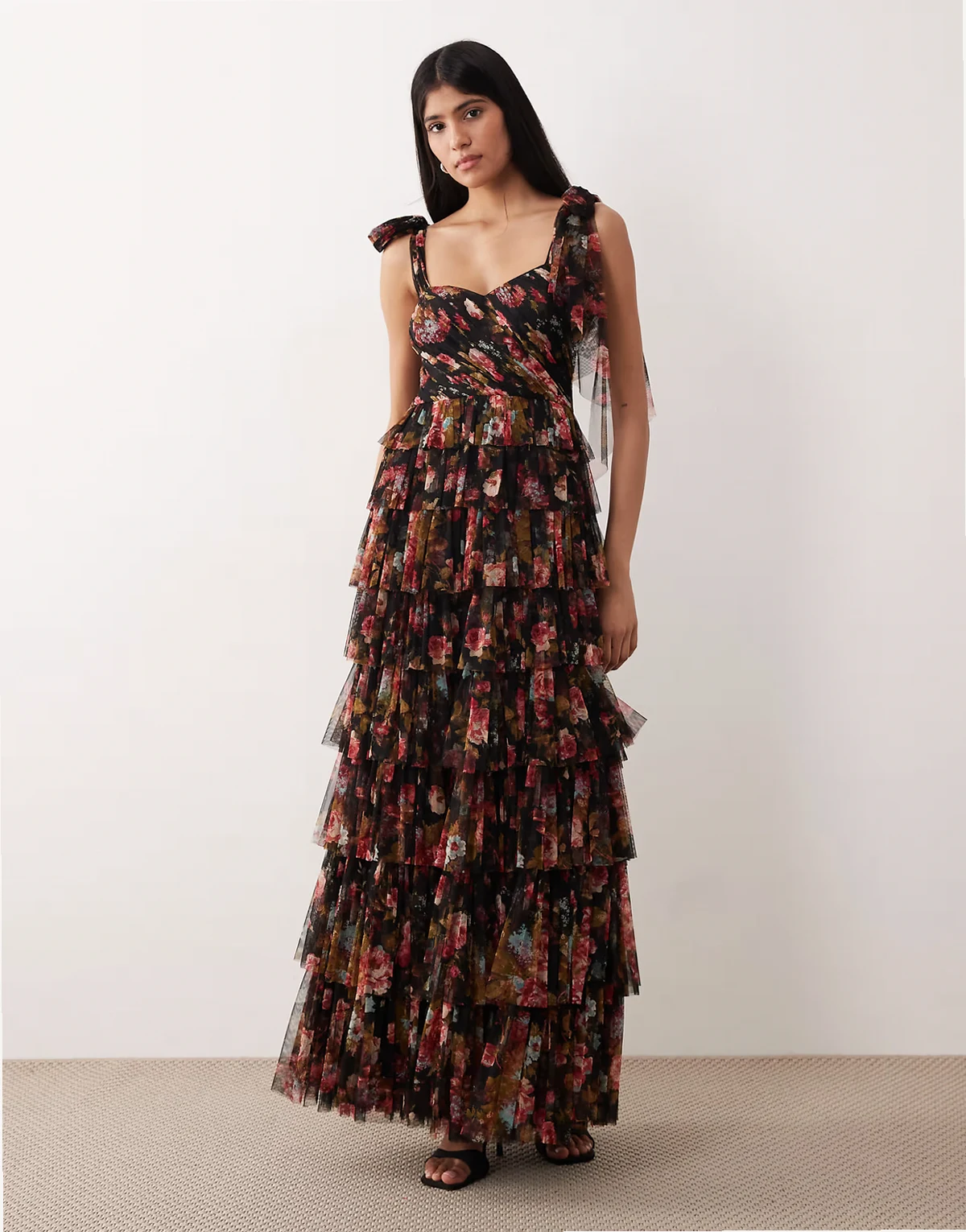 tulle bow shoulder tiered maxi dress in black floral print