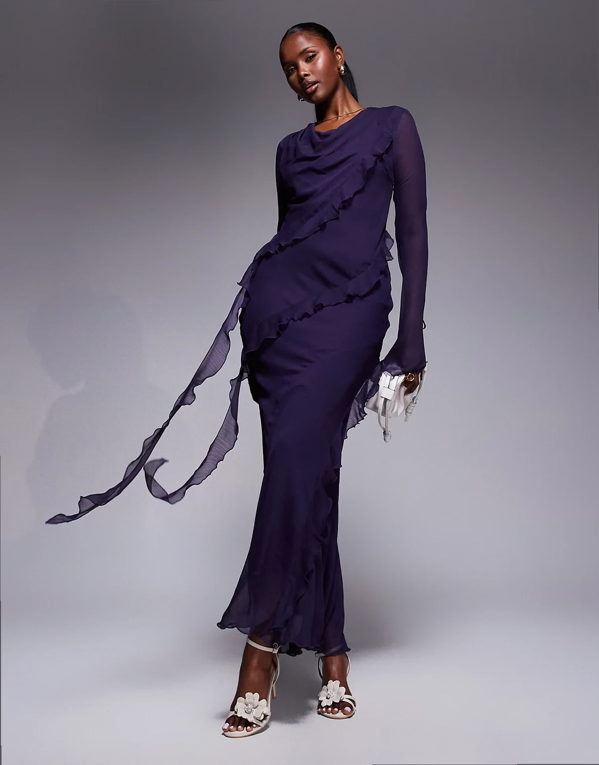 chiffon maxi dress with frill details in purple