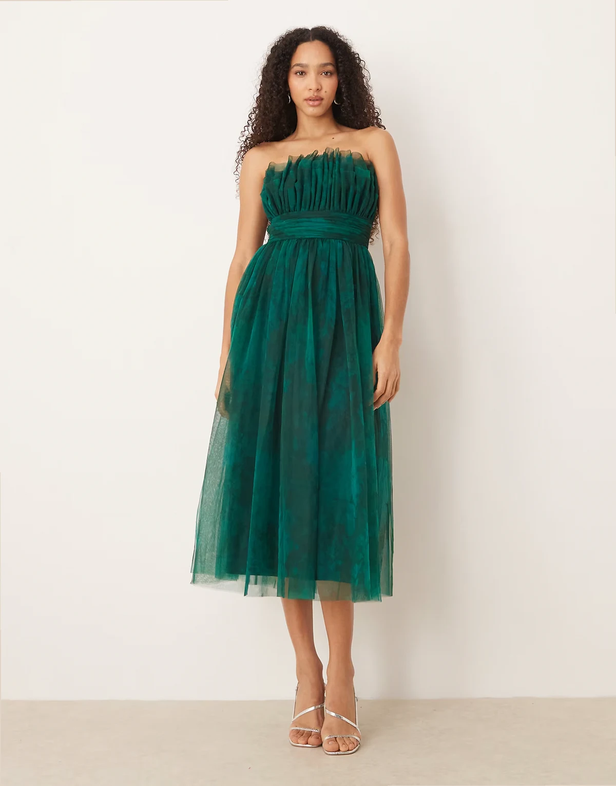 tulle waistband bandeau midi dress in jade green abstract