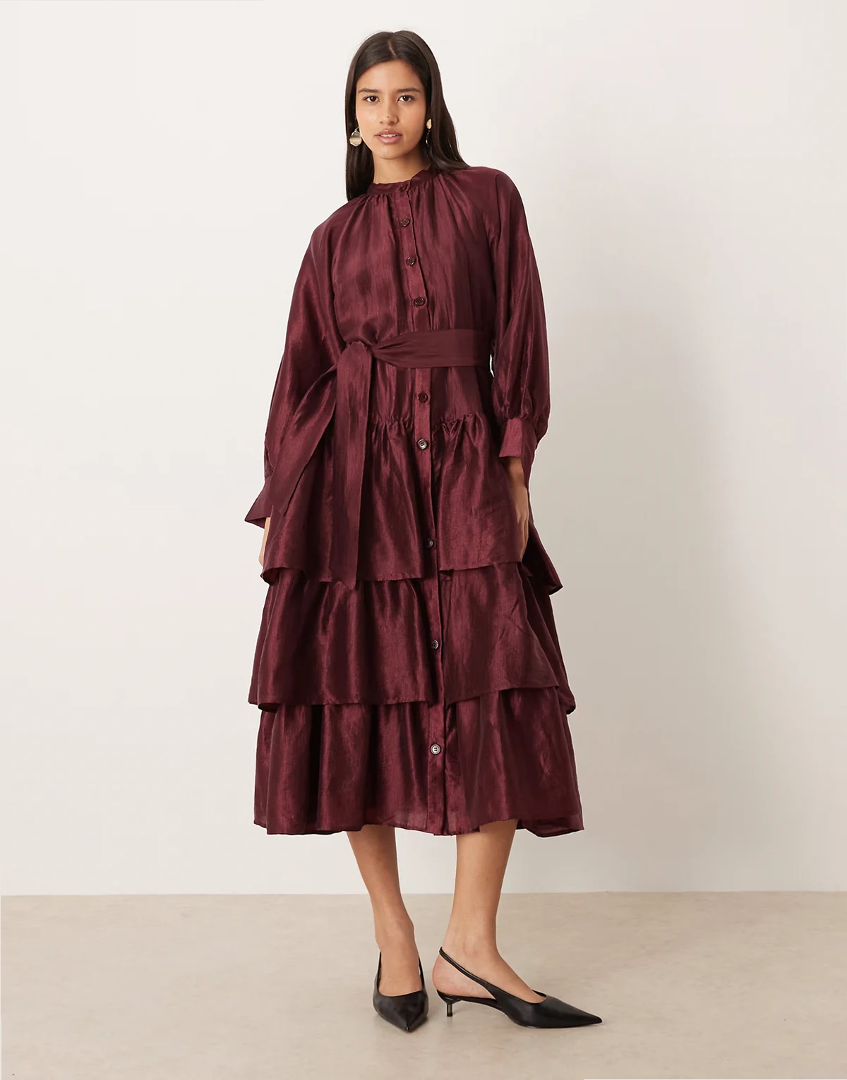 button up oversized tiered midi dress in burgundy