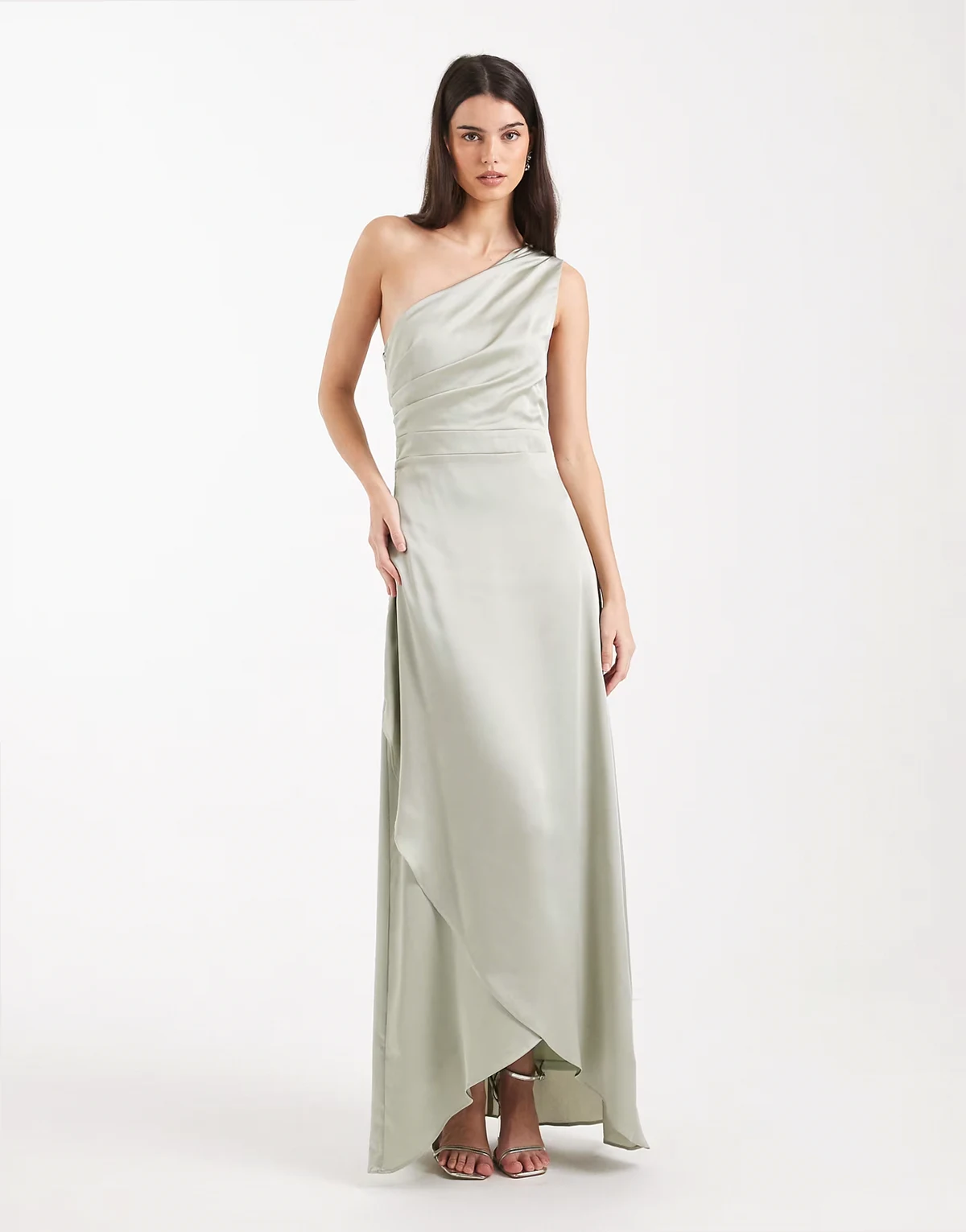 Bridesmaid satin one shoulder wrap skirt maxi dress in sage green