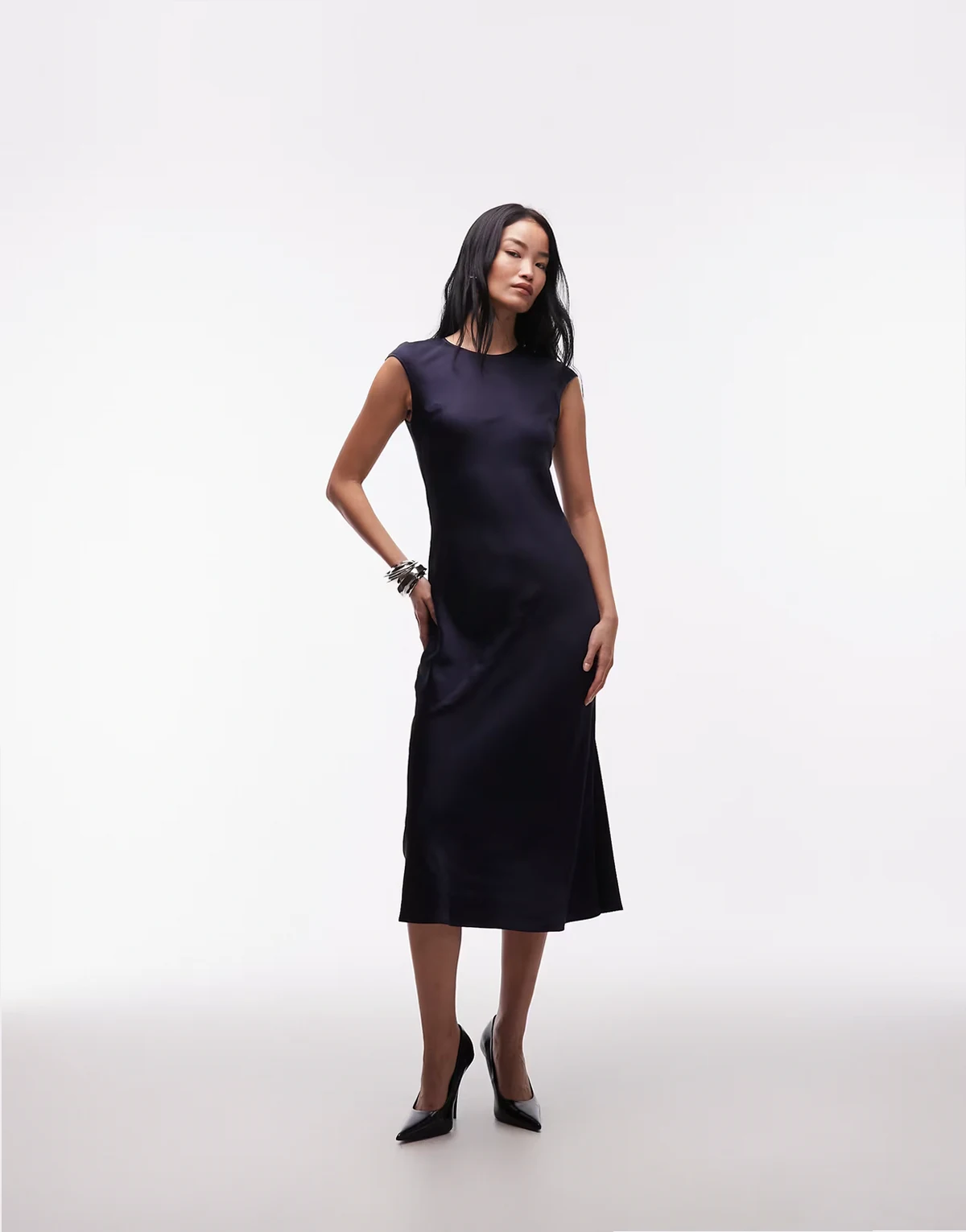 bias cut satin maxi dress with cap sleeve in navy