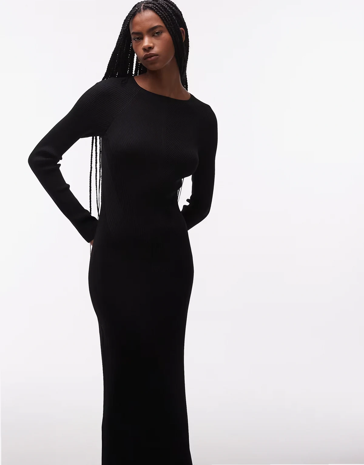 ribbed structured knit maxi dress with cuff detail in black