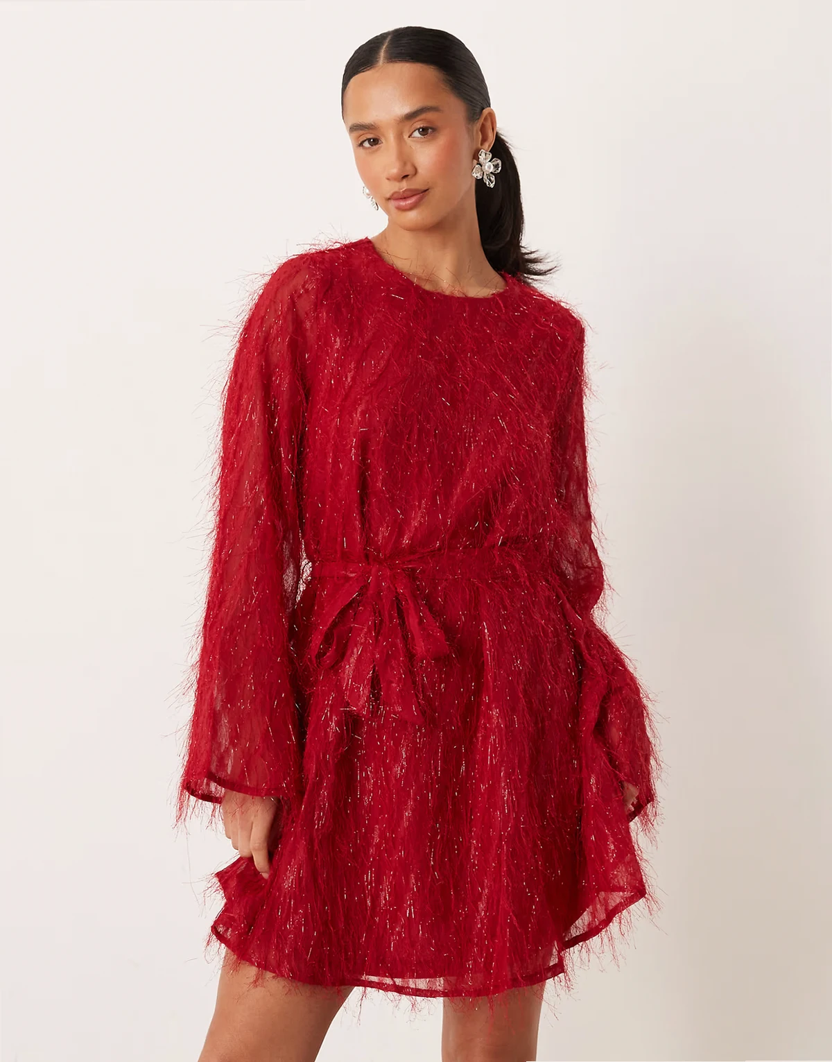 fluffy textured tie waist mini dress in red