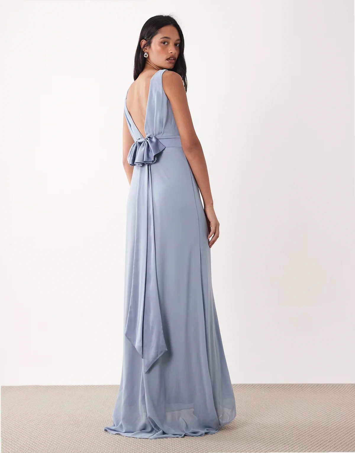 Bridesmaids chiffon maxi dress with satin bow detail in dusty blue