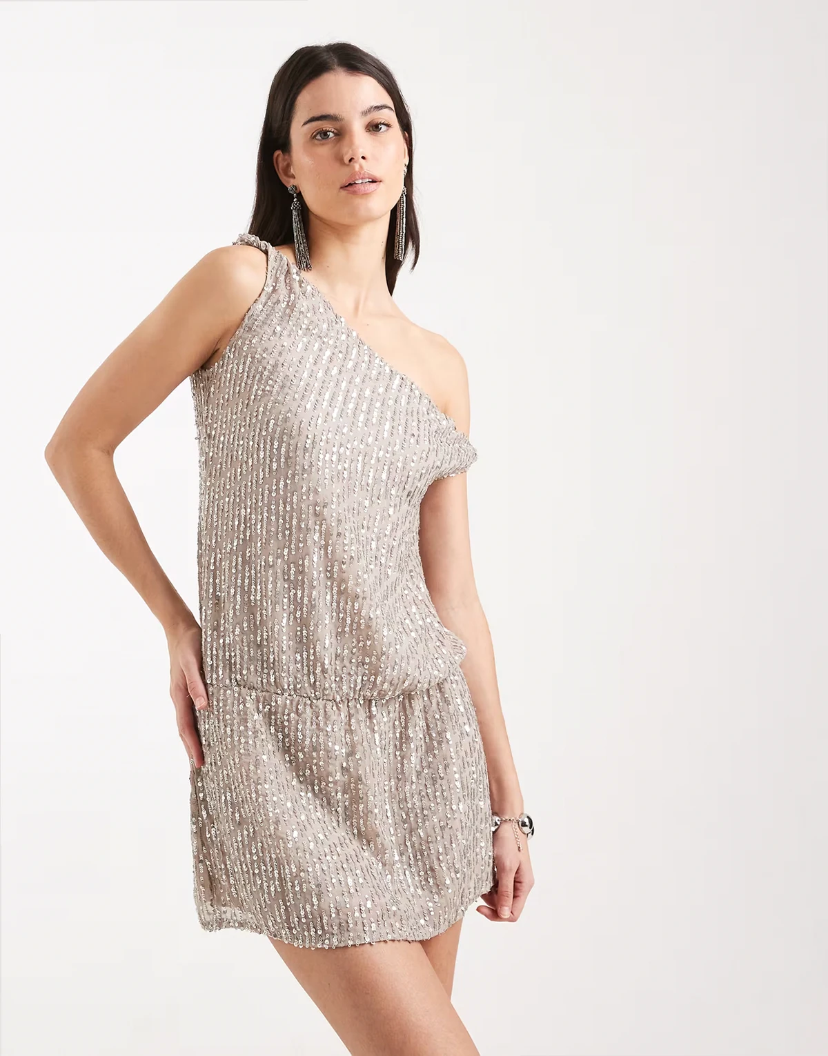 Vora one shoulder mini dress in beige sparkle