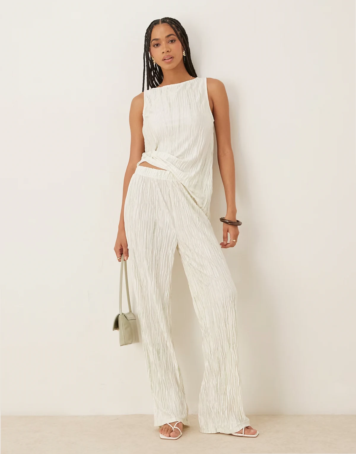 high waist plisse wide leg pants in pale silt green tie dye - part of a set