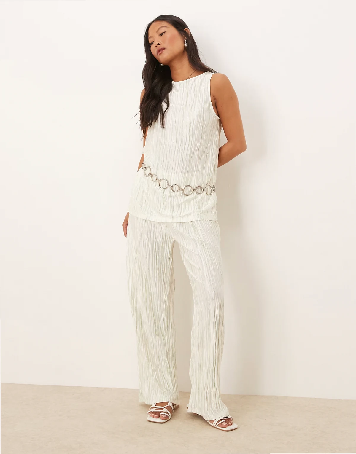 high waist plisse wide leg pants in pale silt green tie dye - part of a set