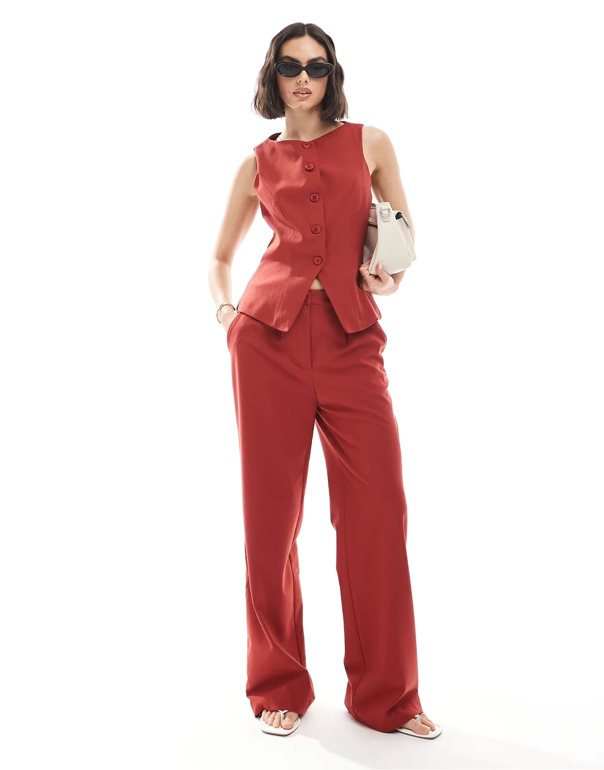 tailored straight leg pants in cherry red - part of a set