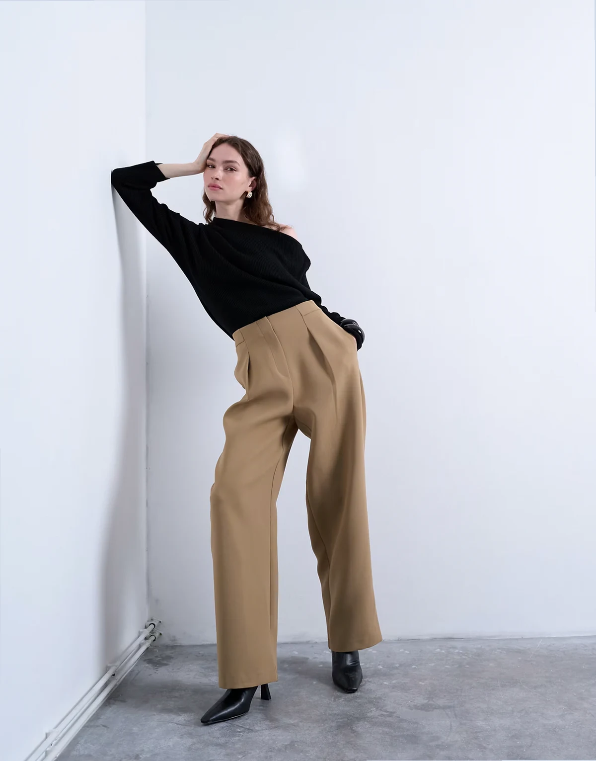 slouchy clean waist band tailored pants in taupe - part of a set
