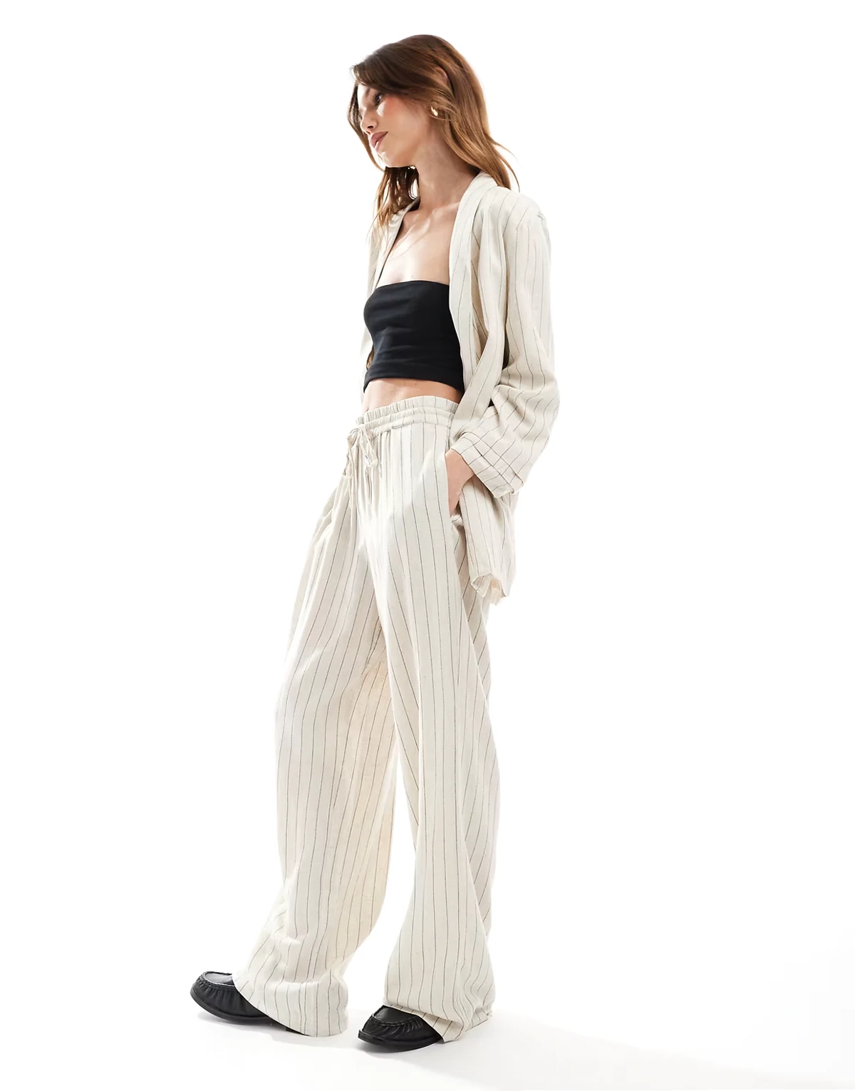 mix & match linen mix wide leg pants in birch cream and black stripe