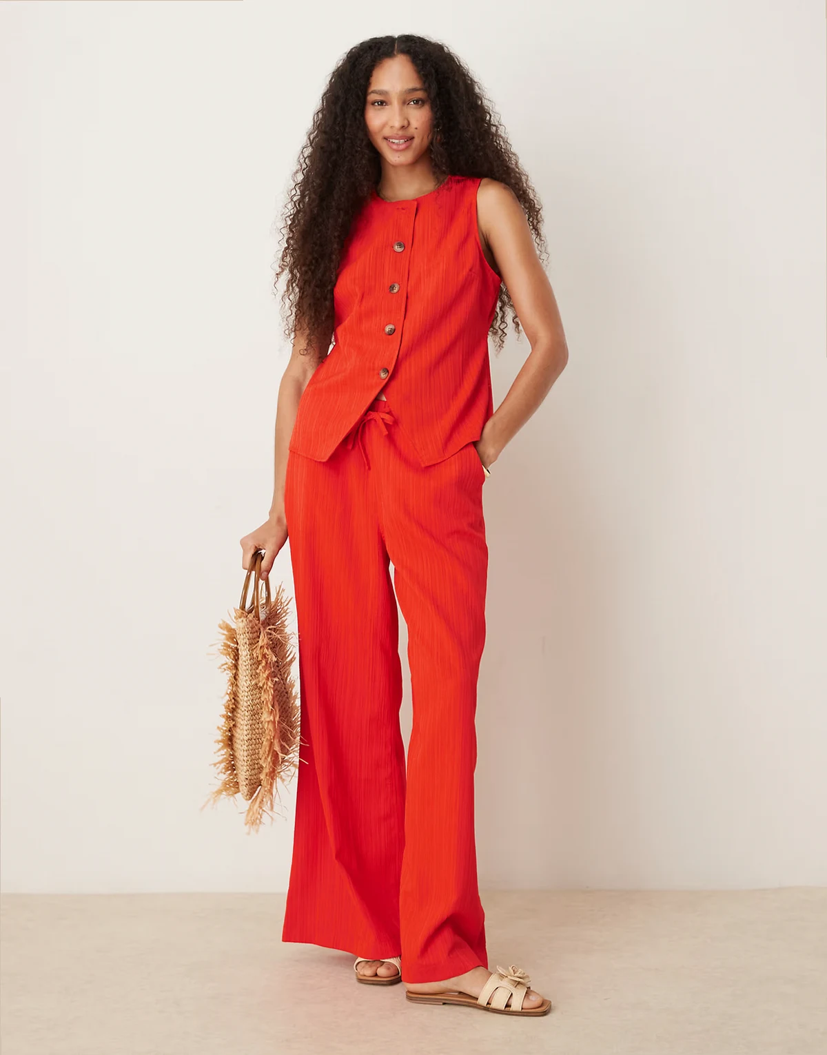– Palazzo-Hose in Orange mit Knitterstruktur, Kombiteil