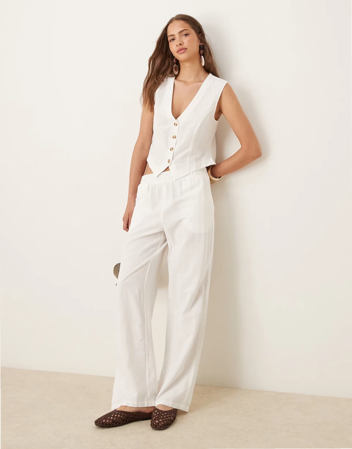 linen touch tailored wide leg pants in white - part of a set