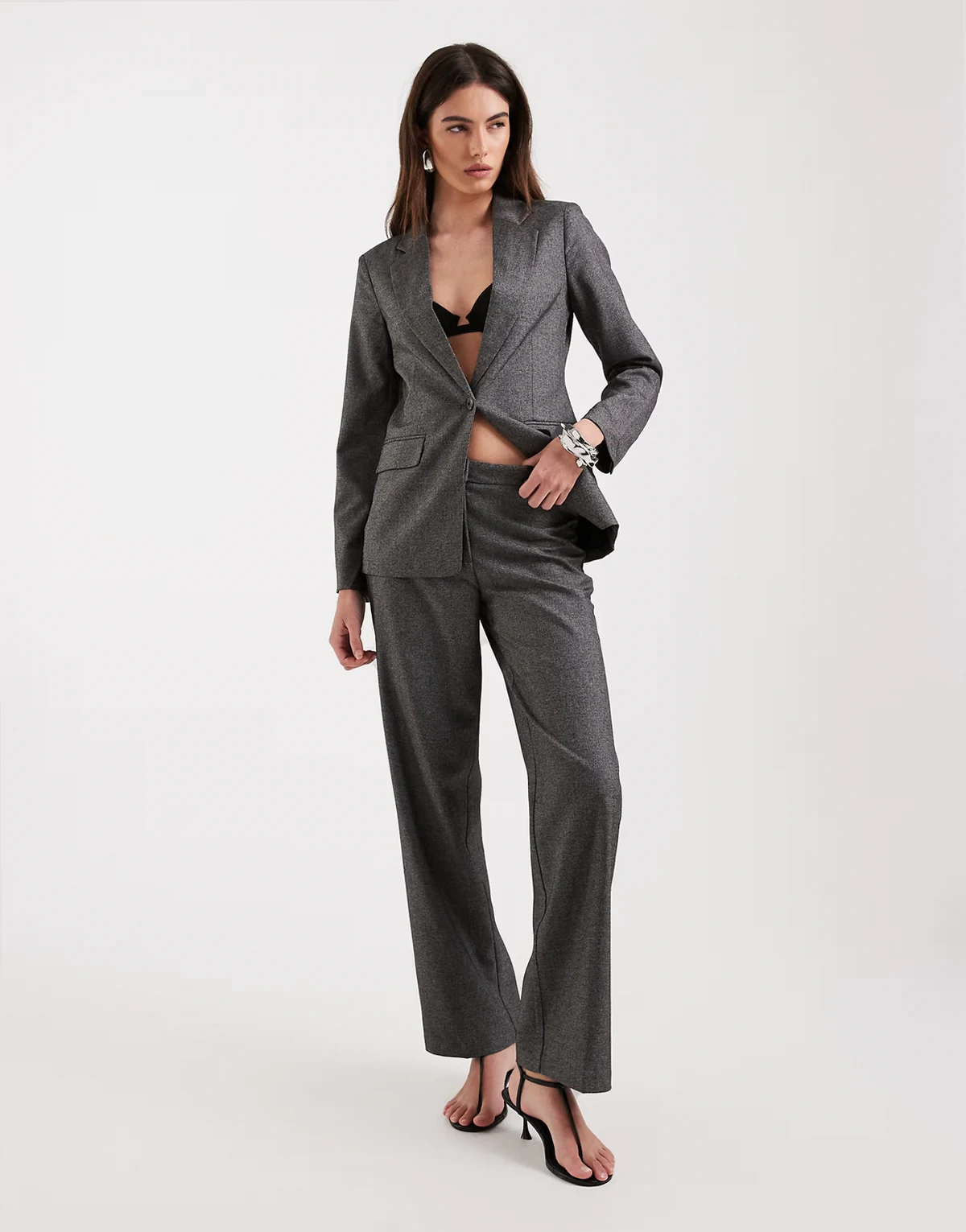 salt and pepper straight leg tailored blazer in black - part of a set