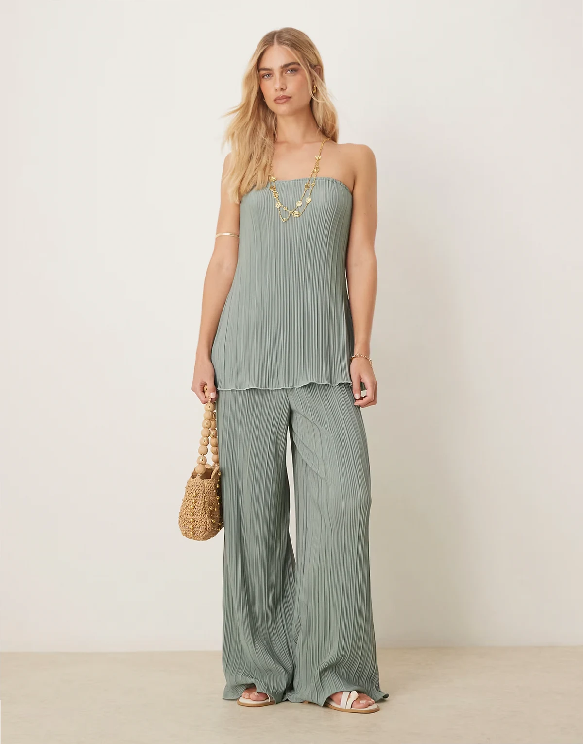 plisse wide leg pants with rolled hem detail in soft green - part of a set