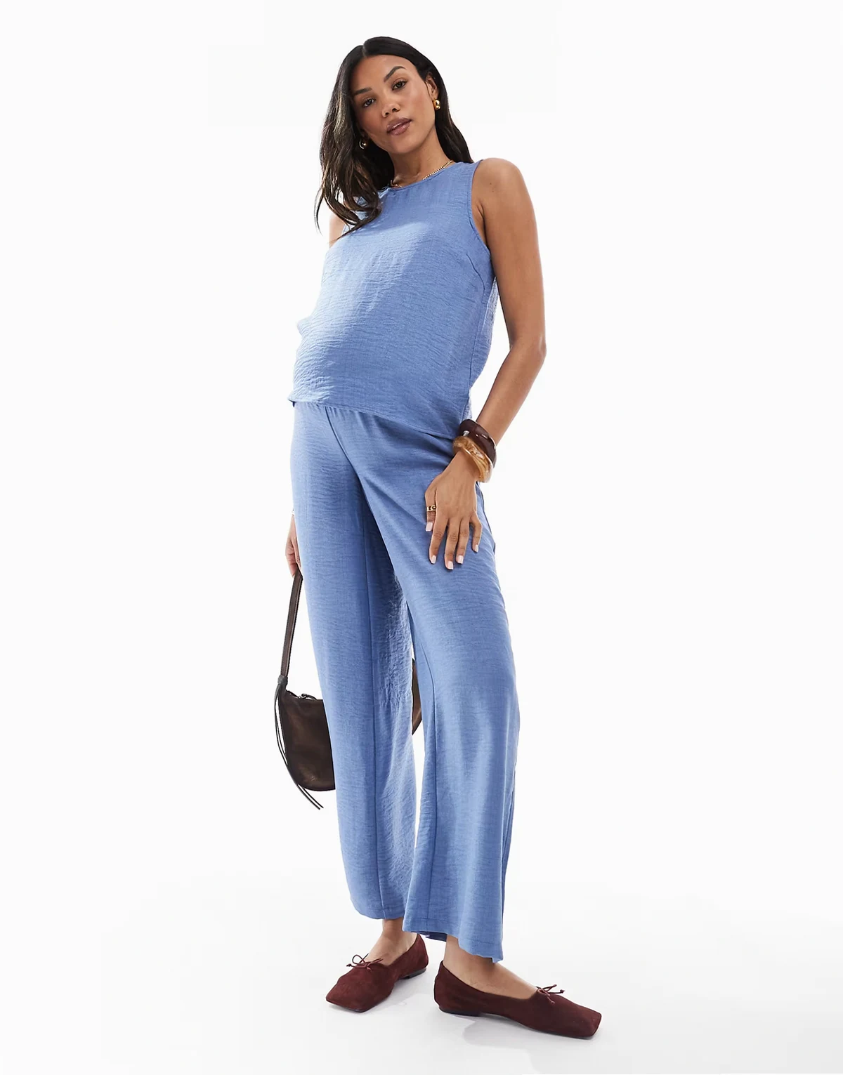 Mamalicious crinkle textured wide leg pants in blue - part of a set