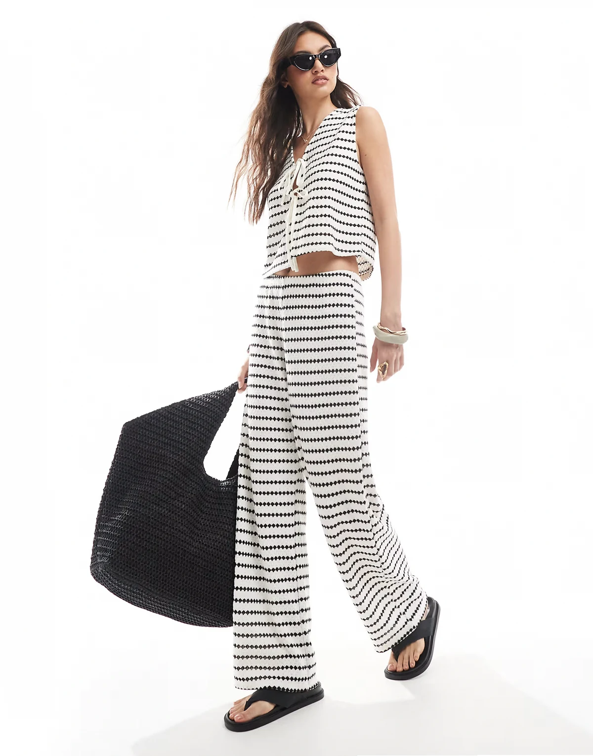 knit wide leg pants in black stripe - part of a set