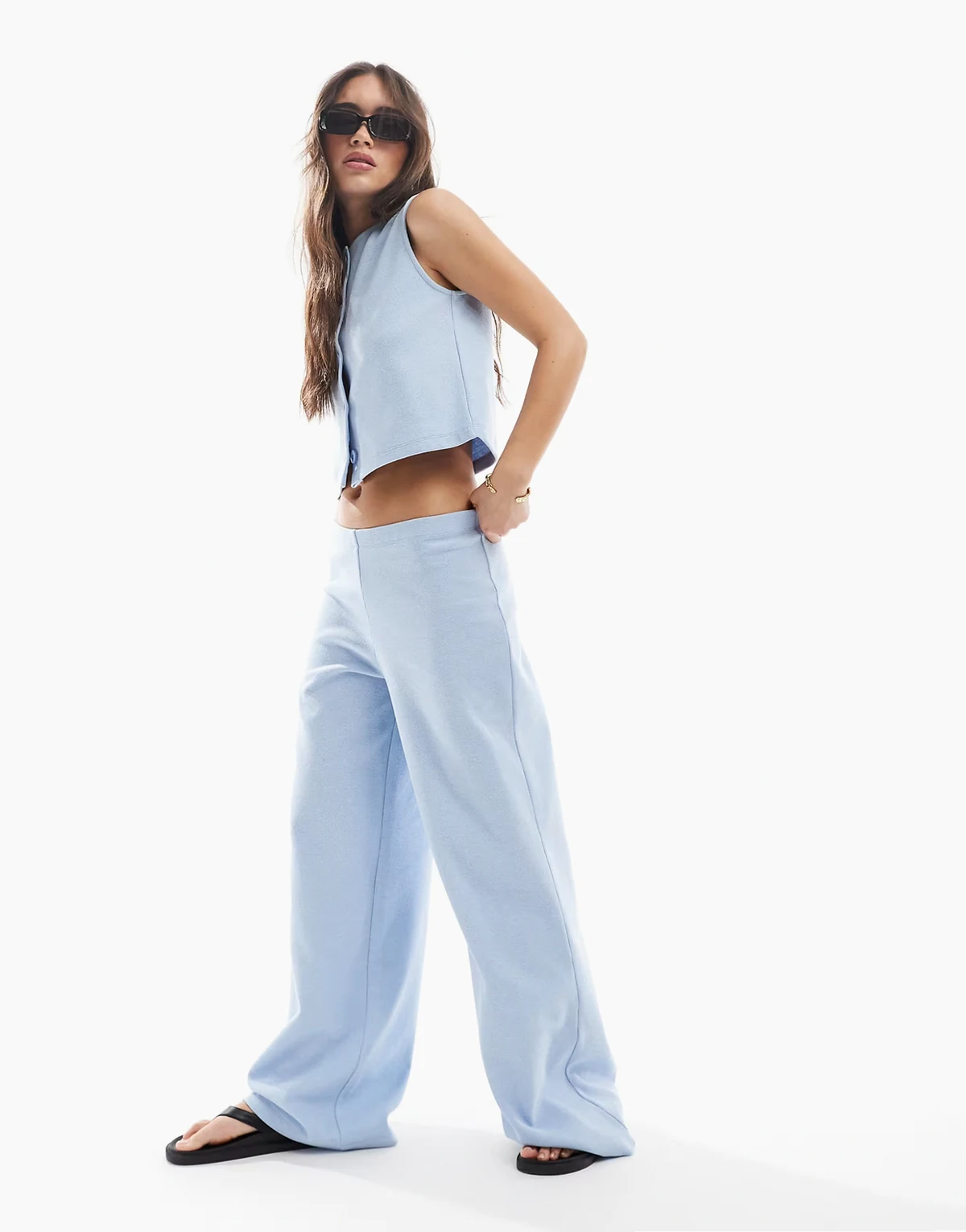 soft rib knit wide leg pants set in blue