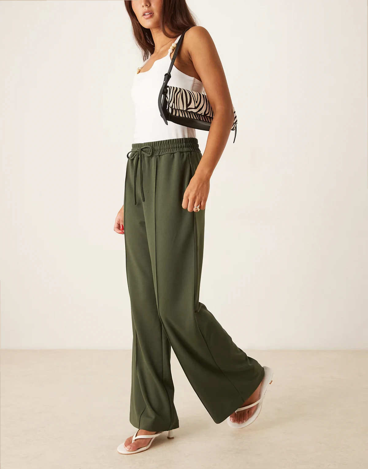 pintuck wide leg pants in deep khaki green