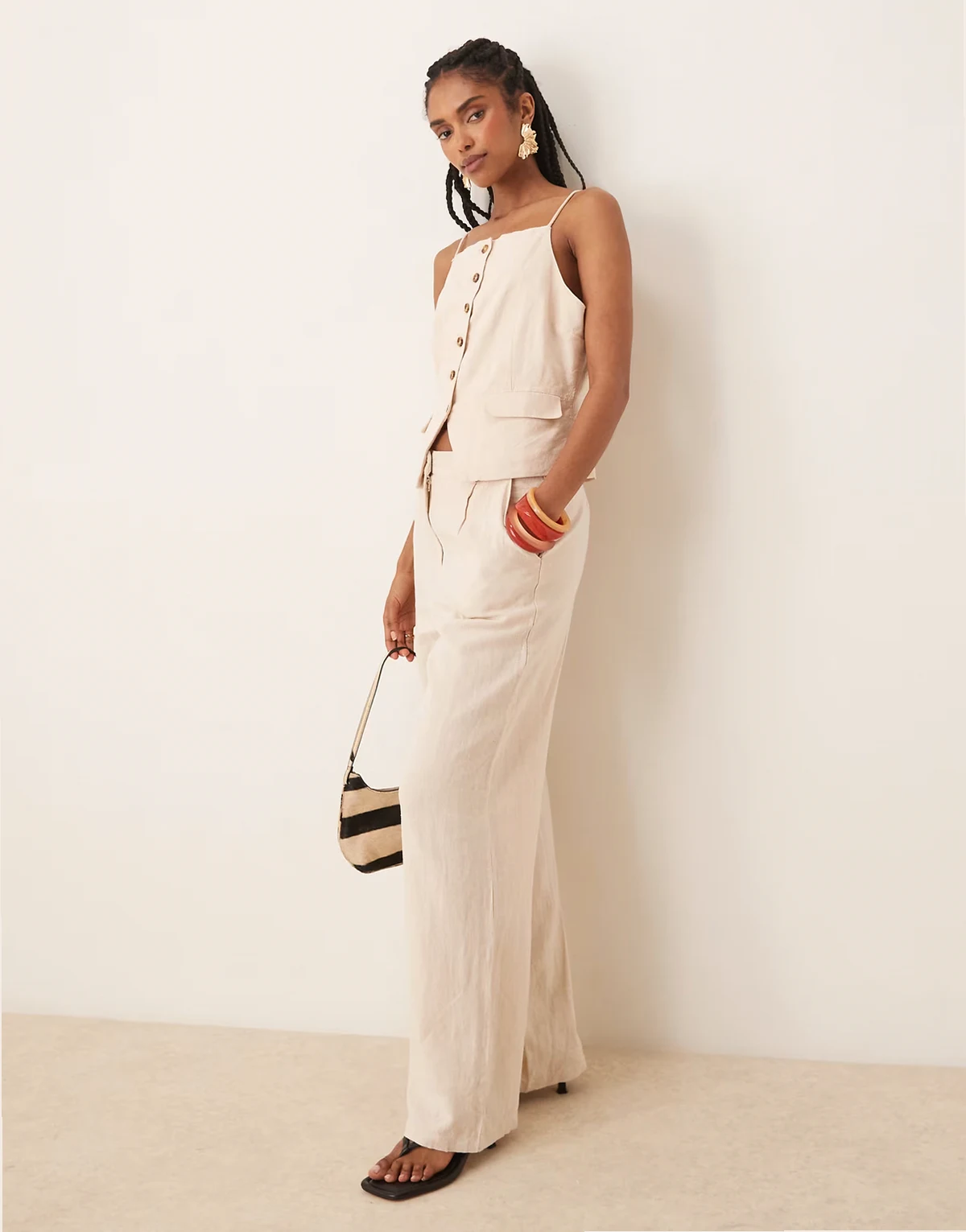 linen touch tailored high waist wide leg pants in cream melange - part of a set