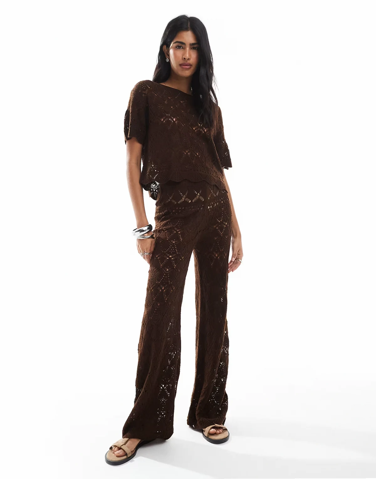 crochet straight leg beach pants in chocolate - part of a set