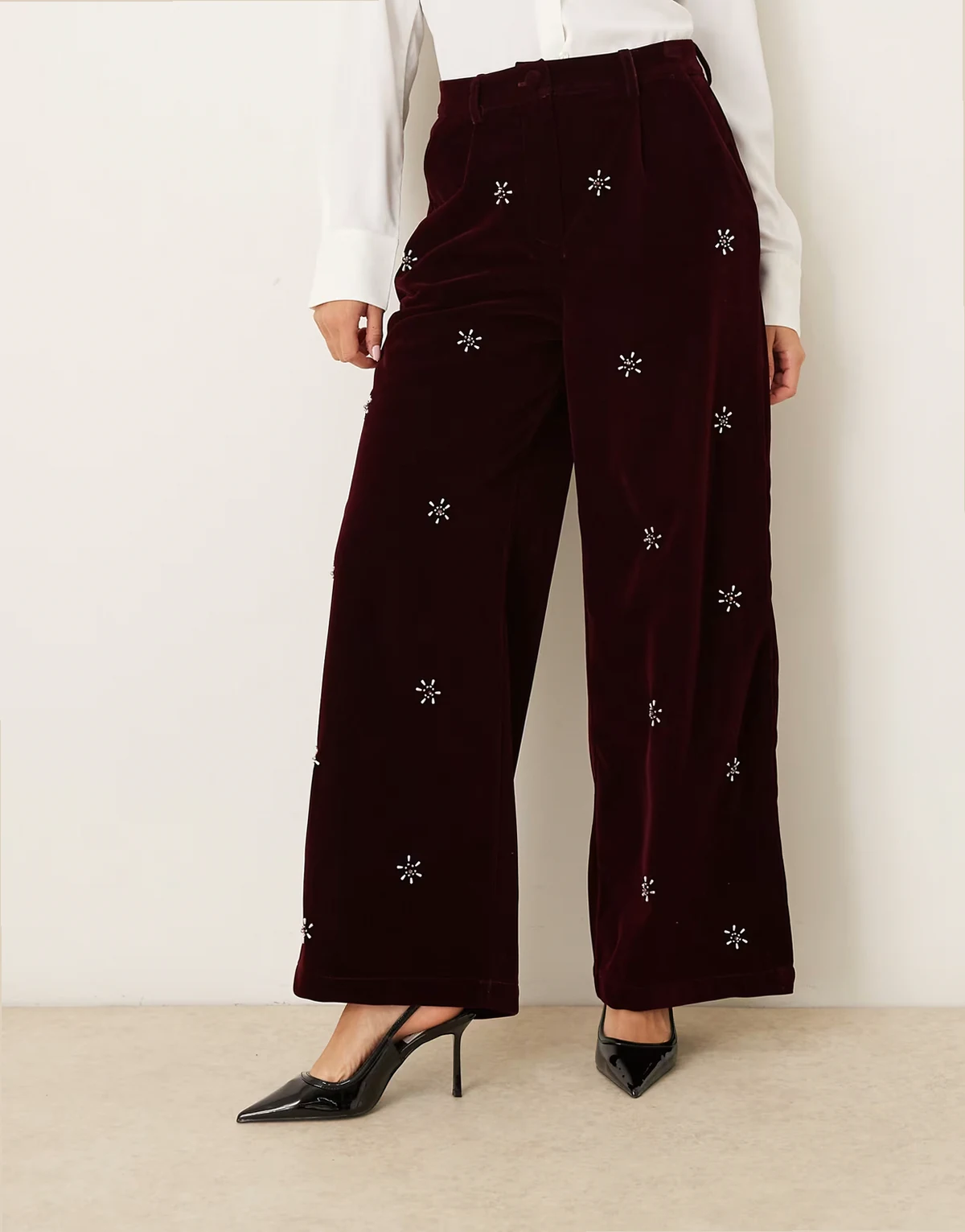 Dream Sister Jane Satine floral embellished velvet pants in burgundy