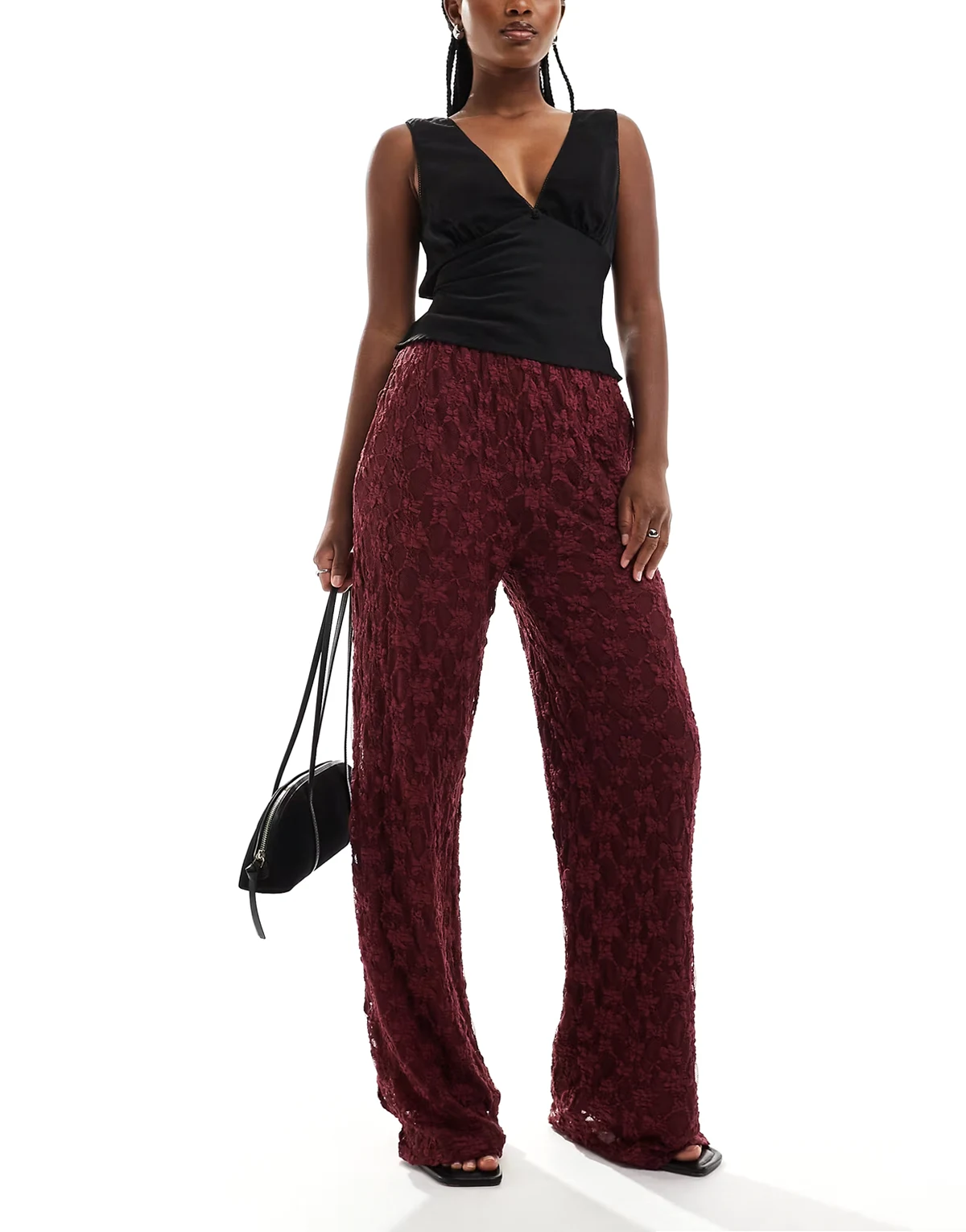 Thredbare wide leg lace pants in burgundy