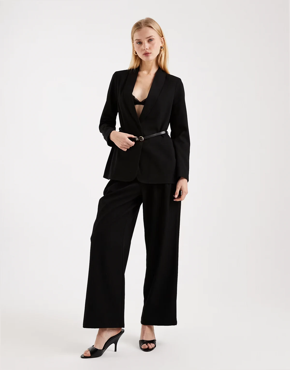 wide leg belted pants in black - part of a set