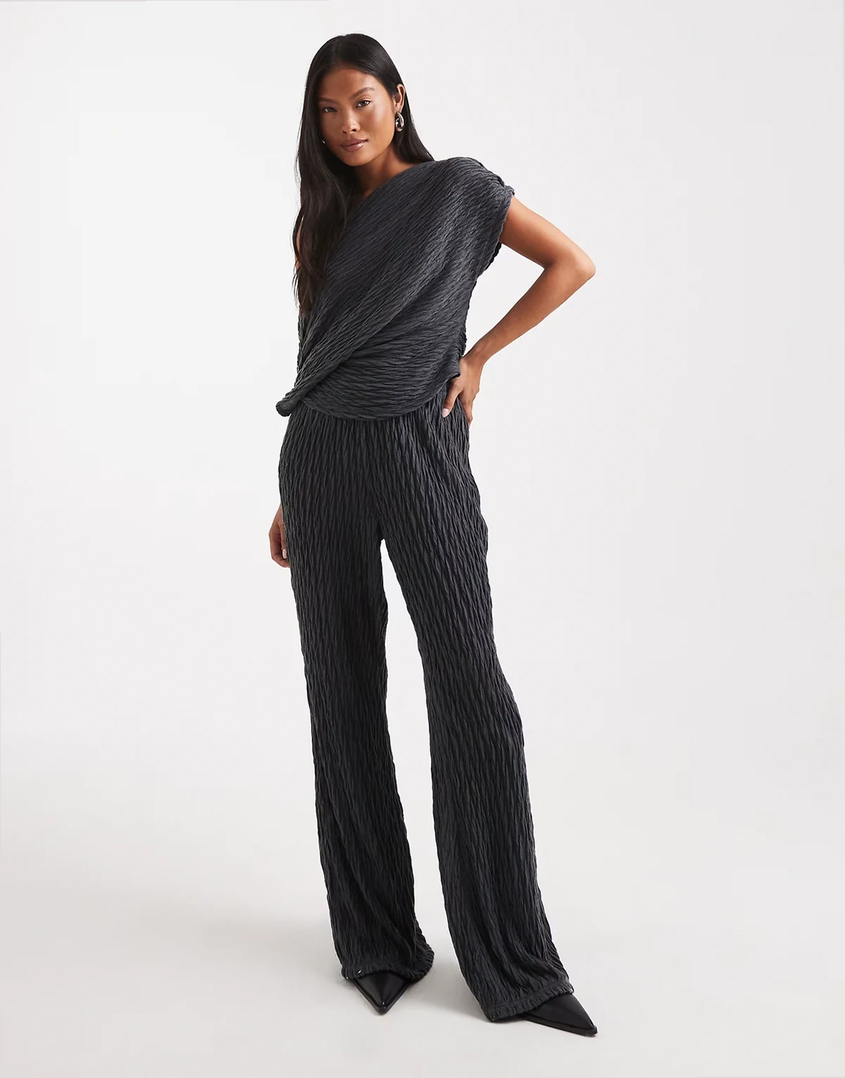 jersey wide leg pants in asphalt gray -set