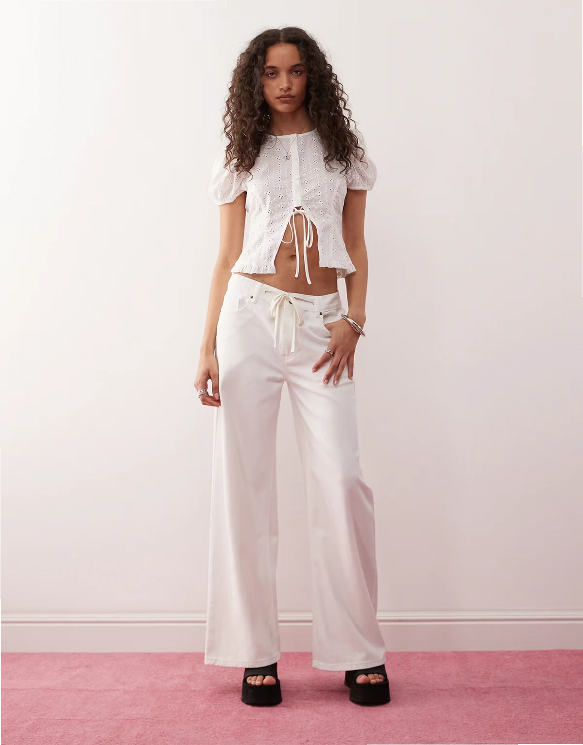 low rise wide leg tie detail jean in white - part of a set