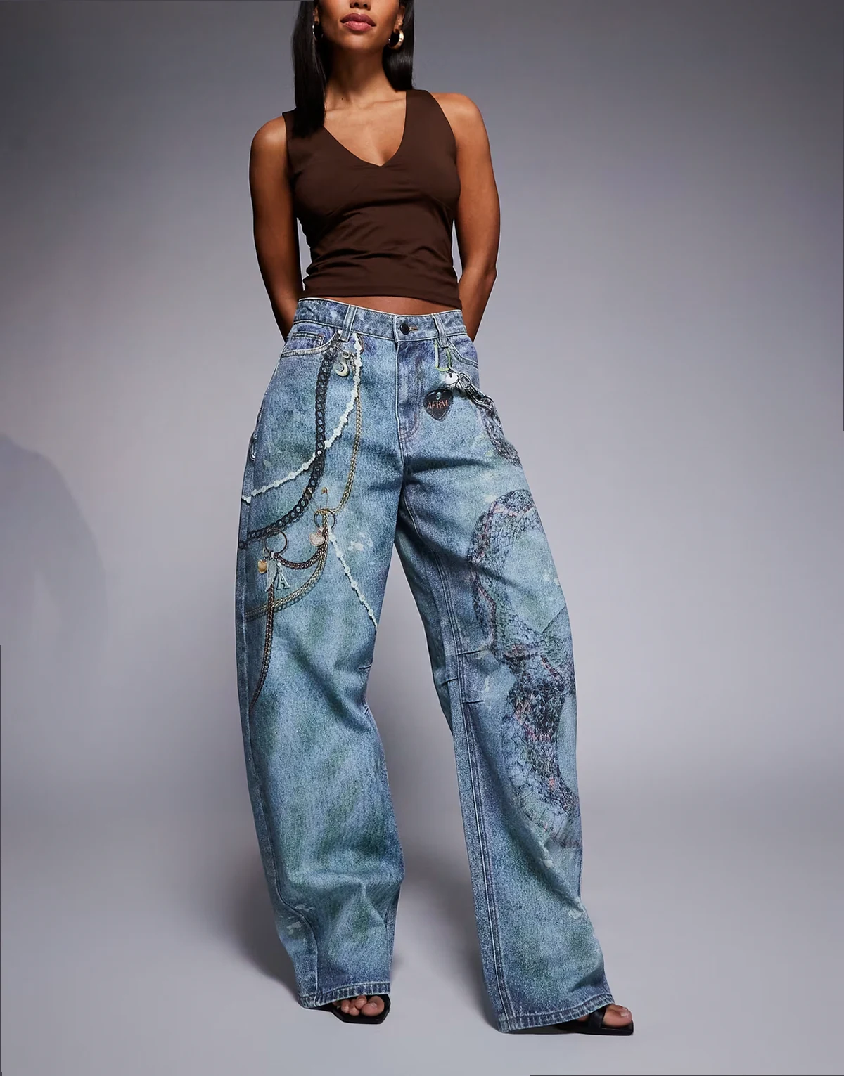 Walker mid rise barrel leg jeans in digital chain print