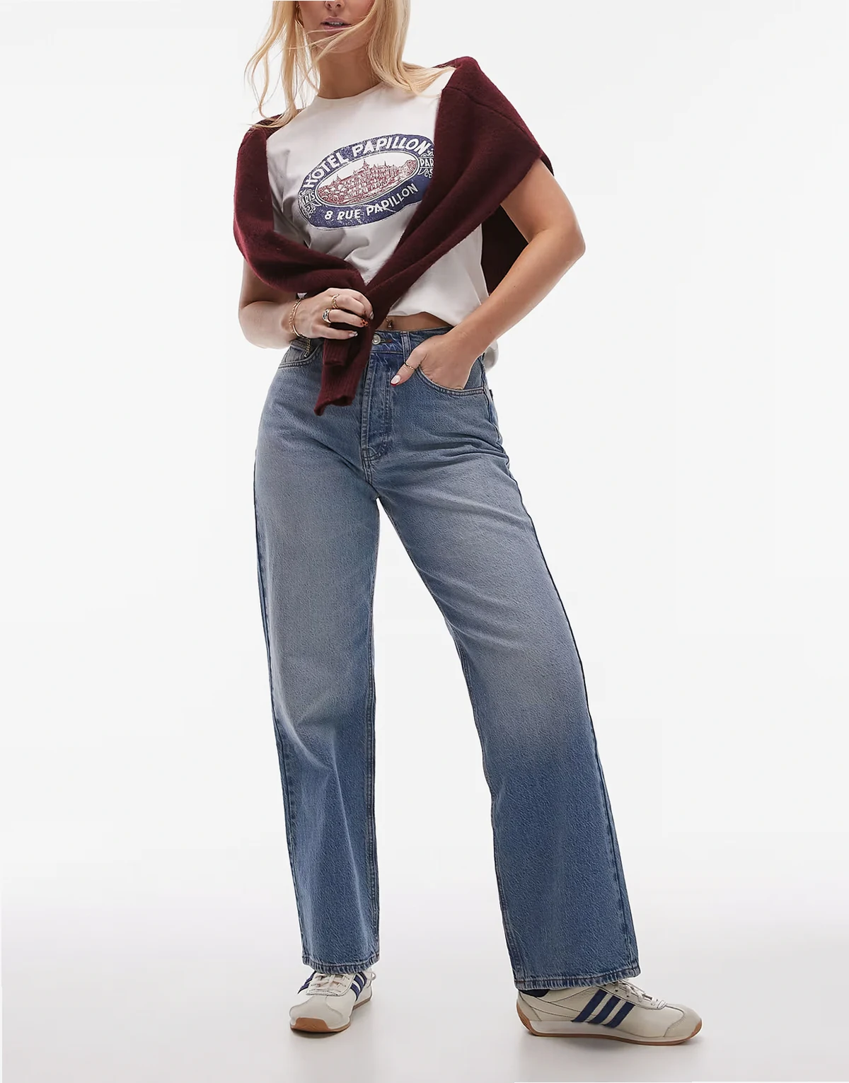 mid rise loose fit straight jeans in mid blue