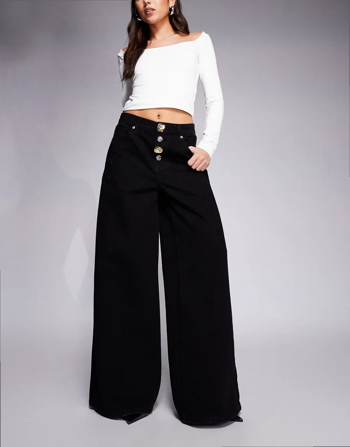 stitch detailing button front palazzo jeans in black