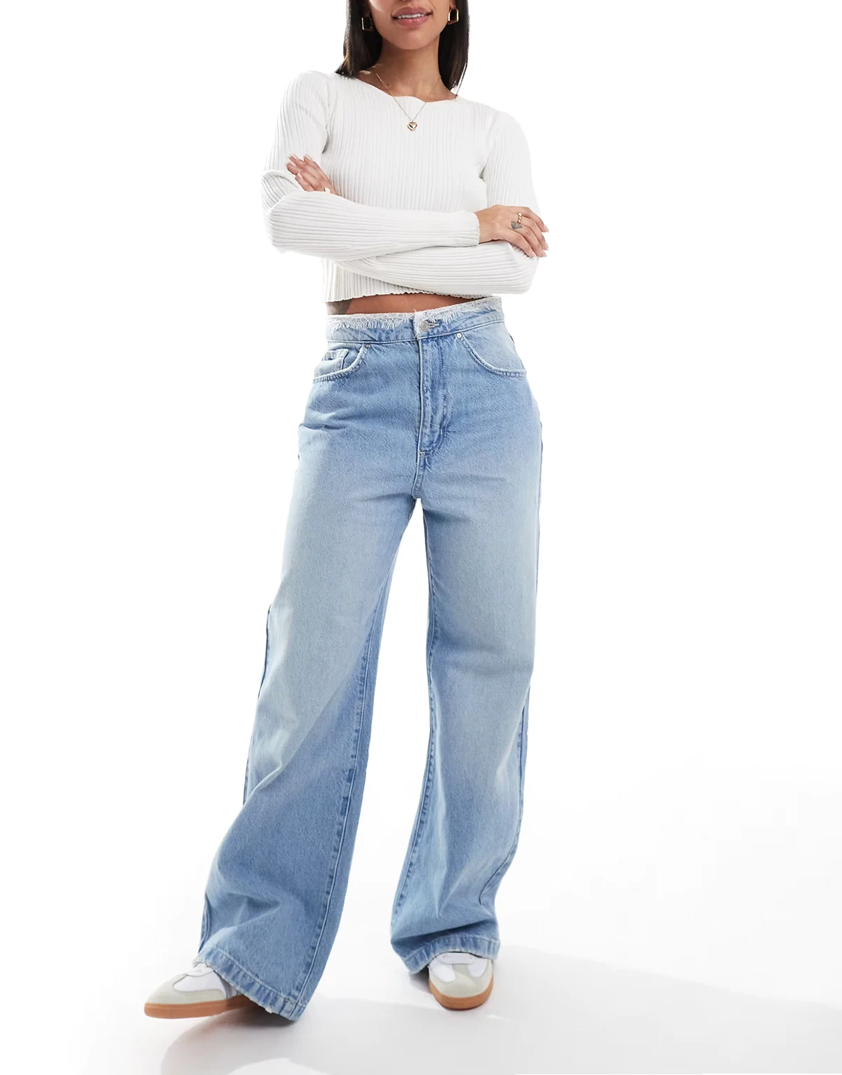 super baggy jeans with lace waist in cloud blue denim