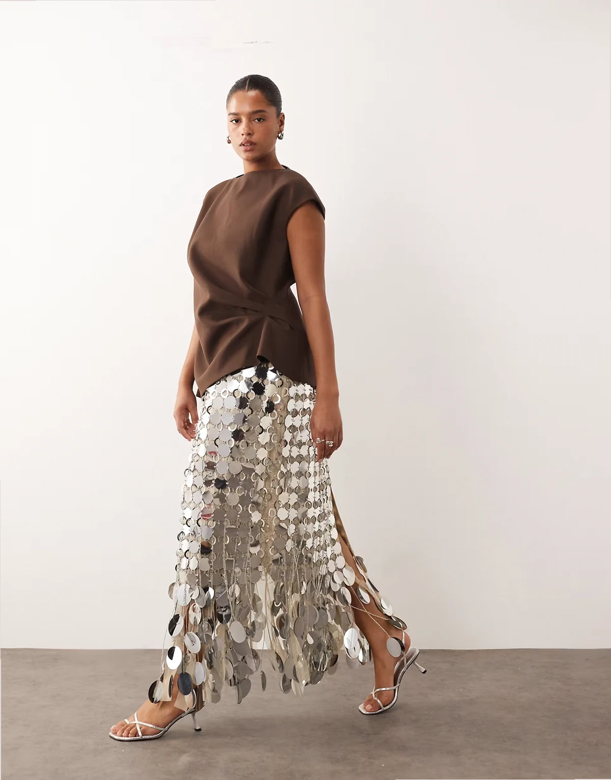 Curve futurist sequin fringe hem midi skirt in silver tone