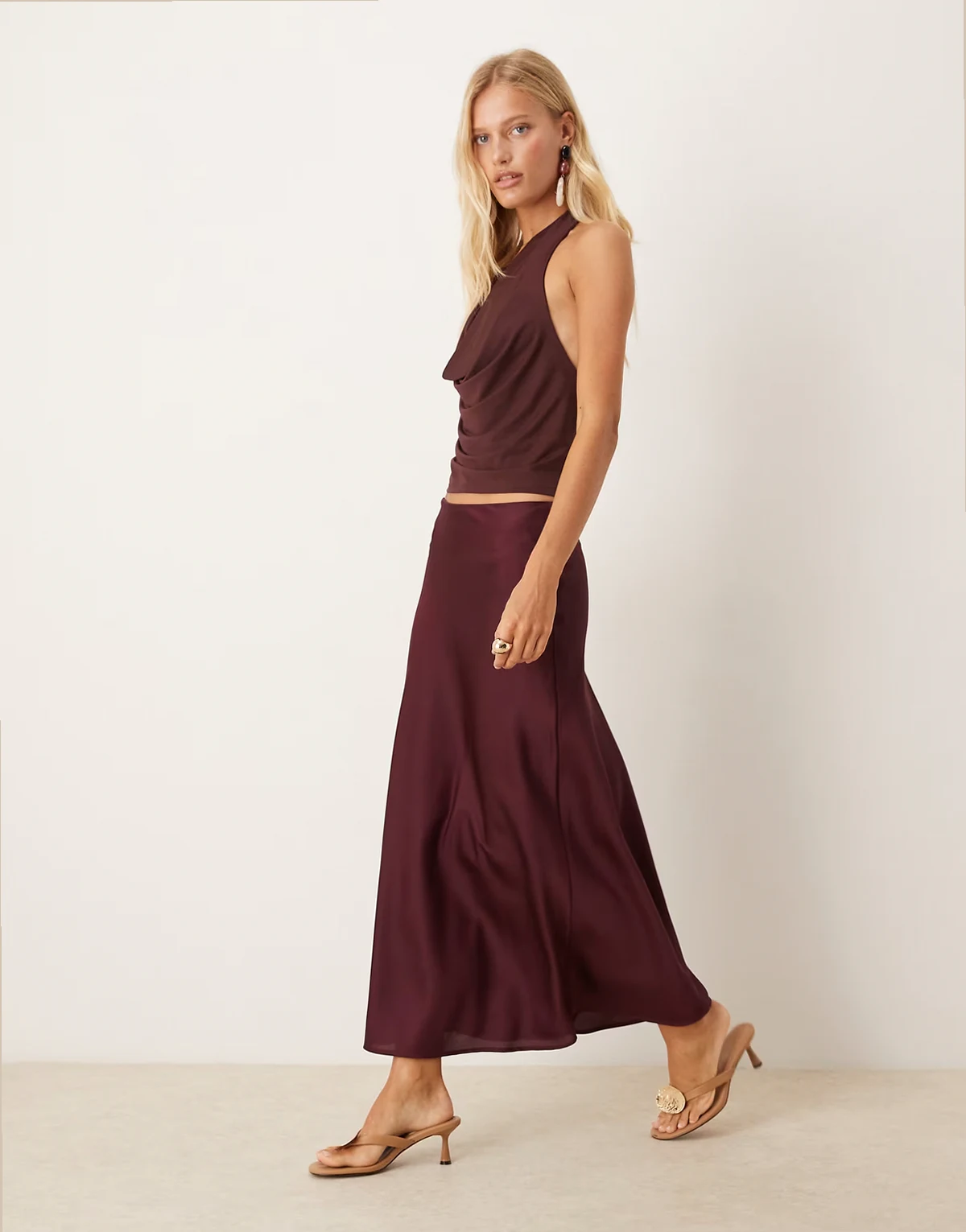 satin maxi skirt in burgundy