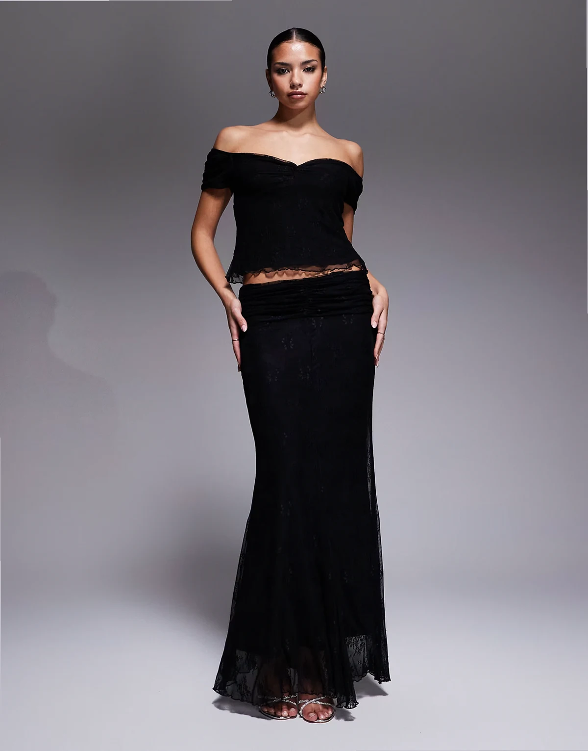 floral lace ruched waist tiered maxi skirt in black - part of a set