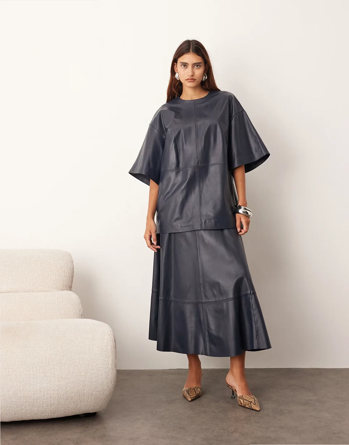 leather full circle skirt in navy - part of a set