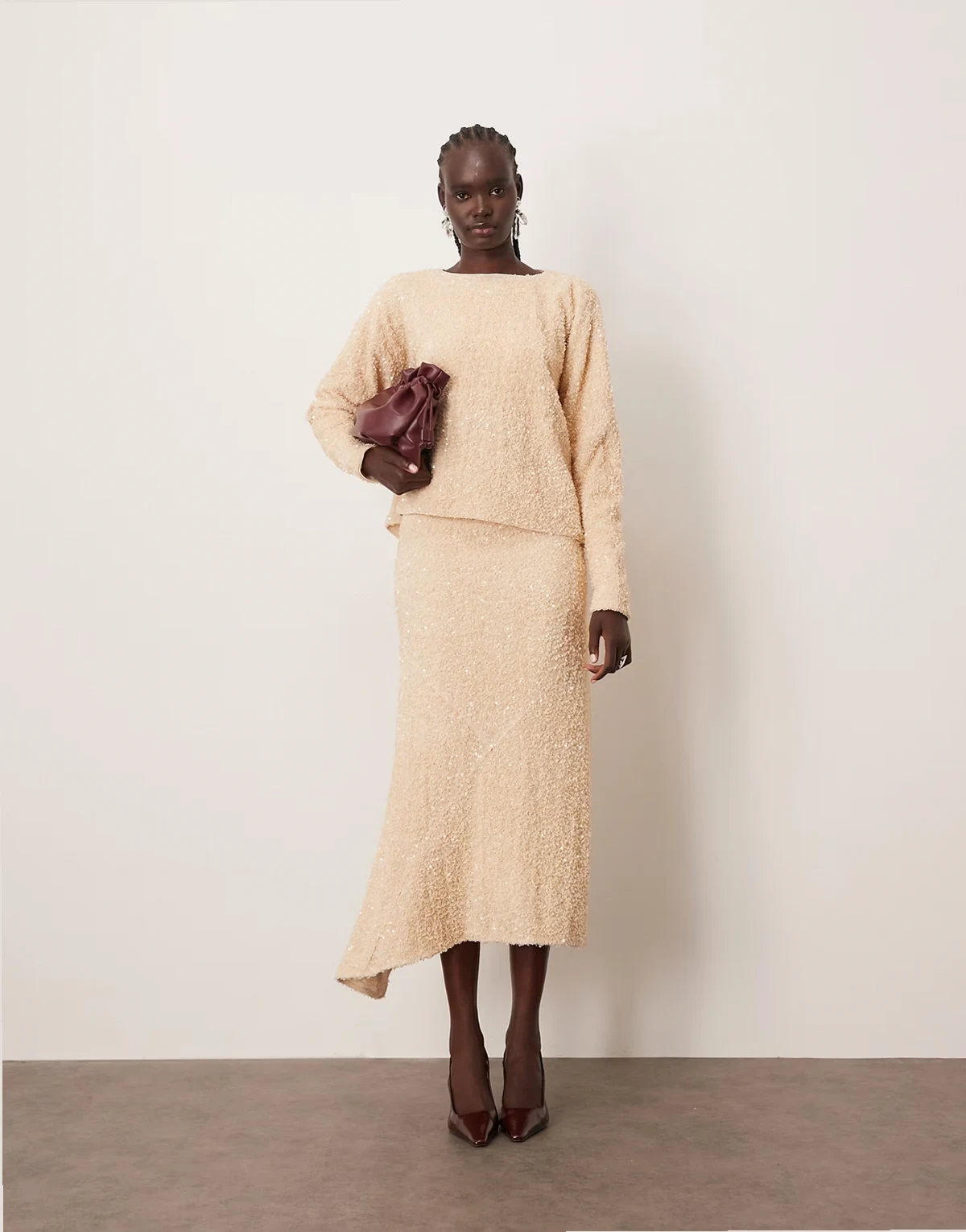 velvet allover sequin asymmetric hem skirt in cream - part of a set