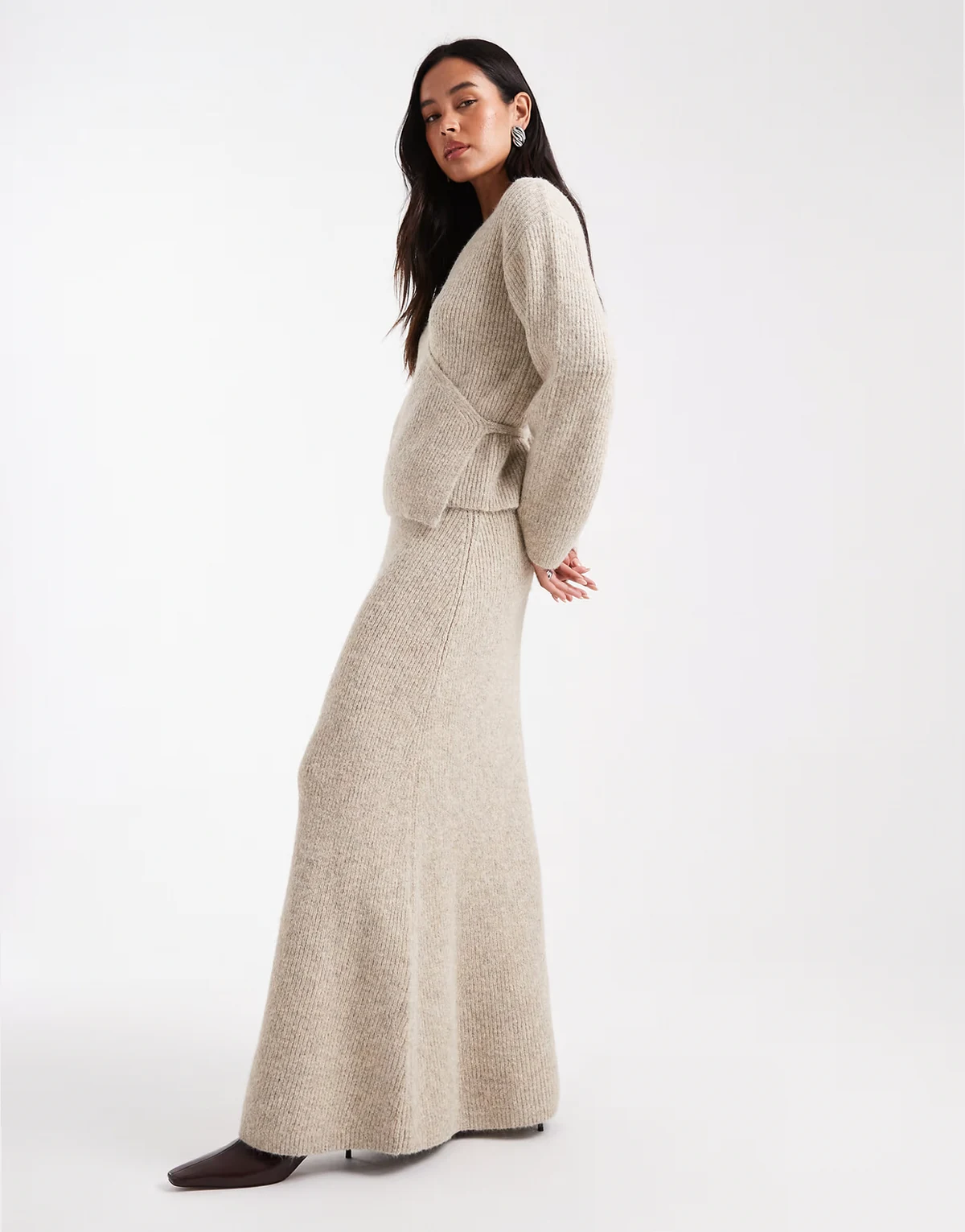 wool feel rib knit fishtail maxi skirt in beige - part of a set