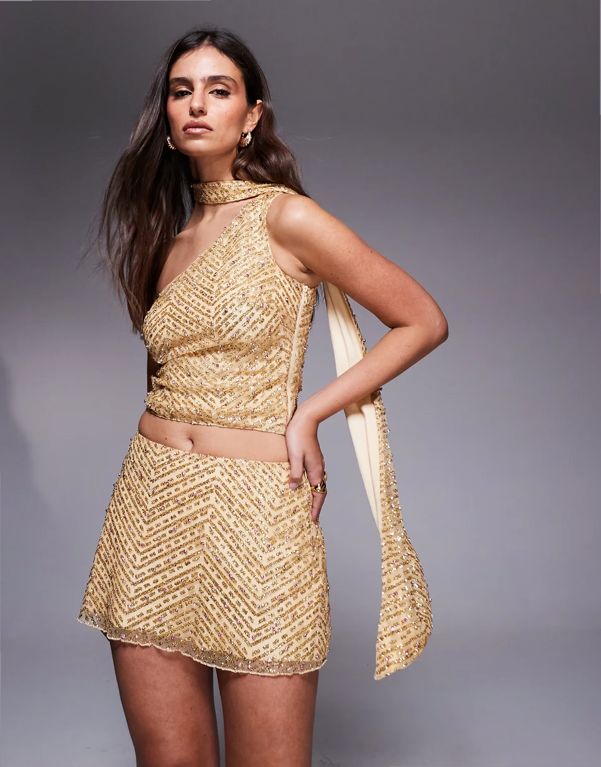 glitter embellished low rise a-line micro mini skirt in gold - part of a set