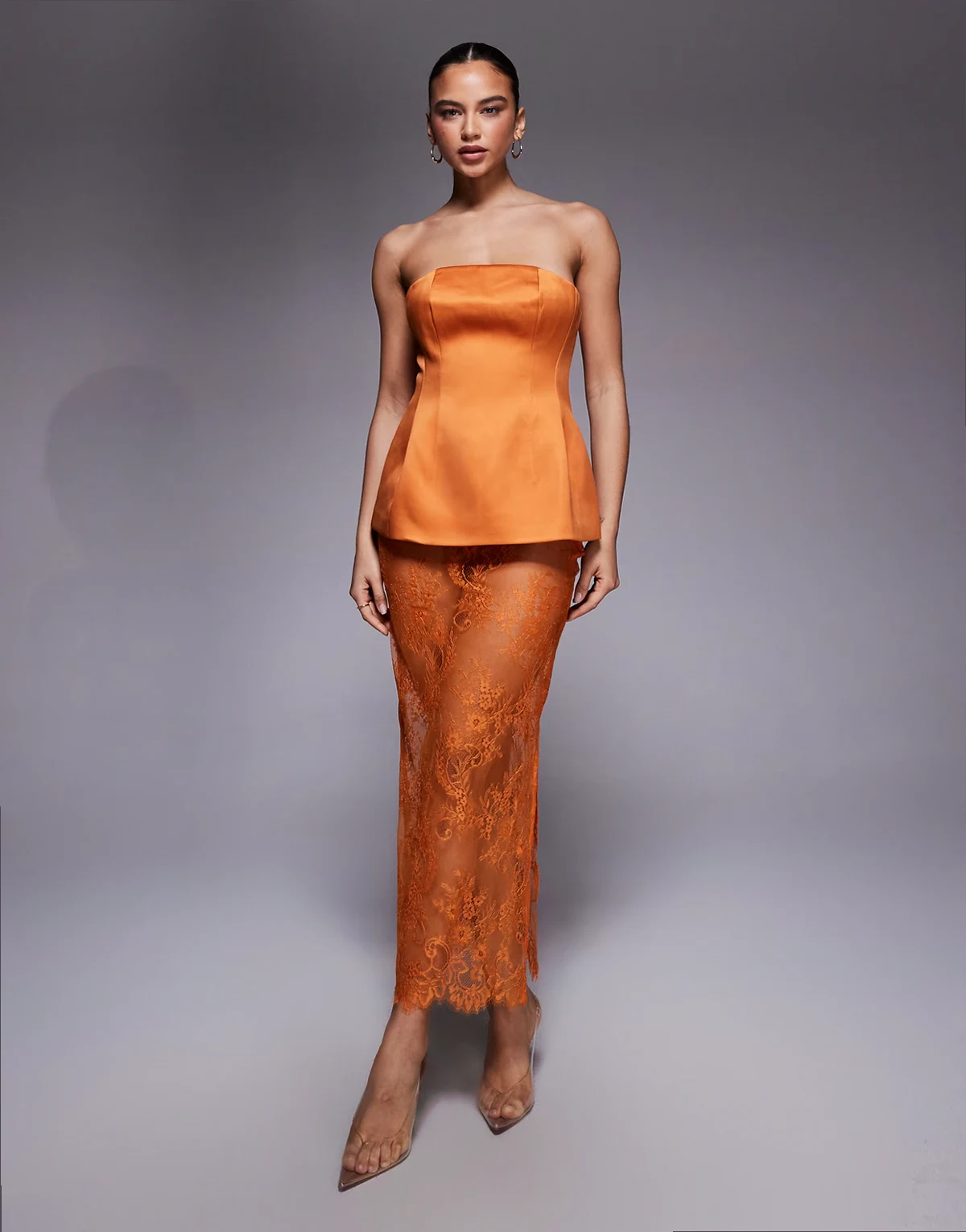 delicate sheer lace midaxi skirt in orange