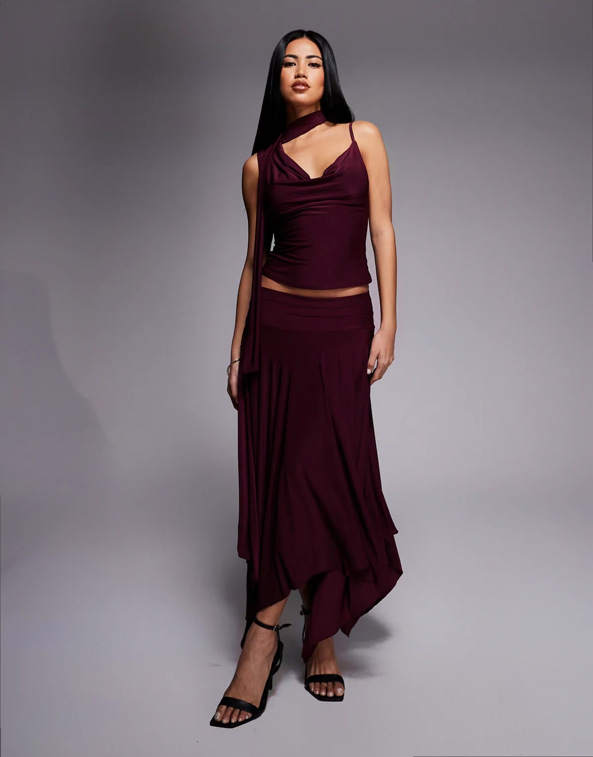 exclusive double layered slinky fairy hem maxi skirt in dark cherry - part of a set