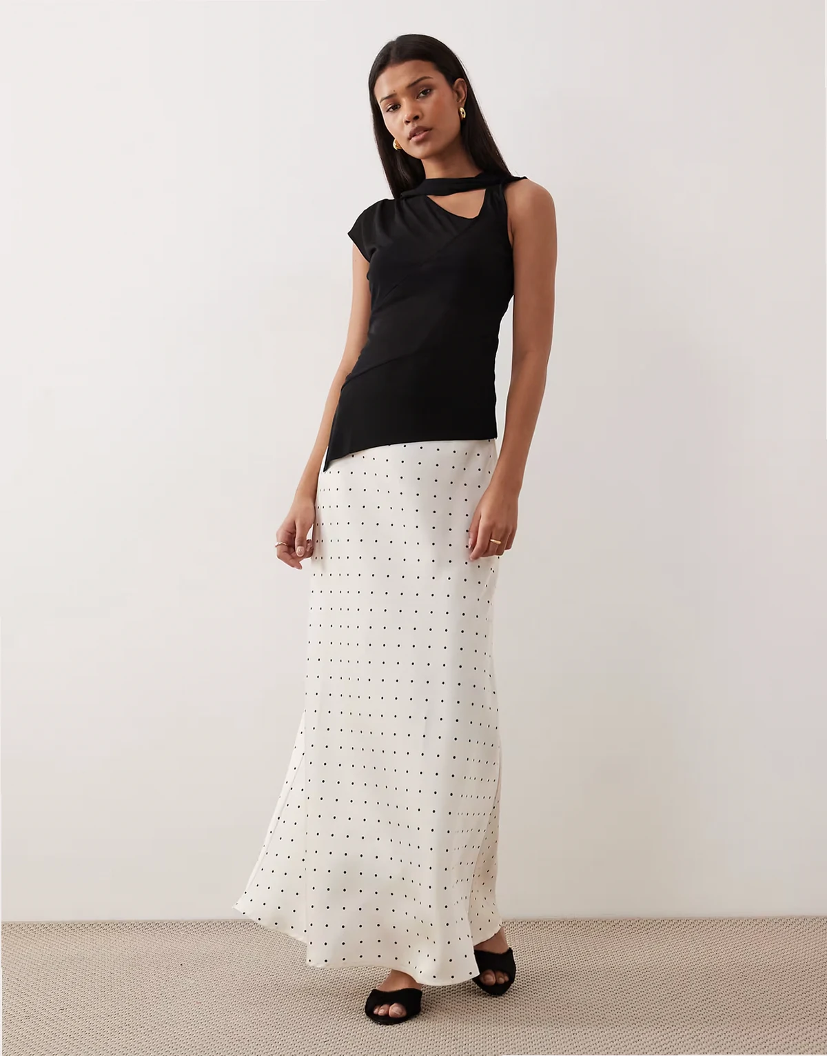 satin polka dot midi skirt in white and black