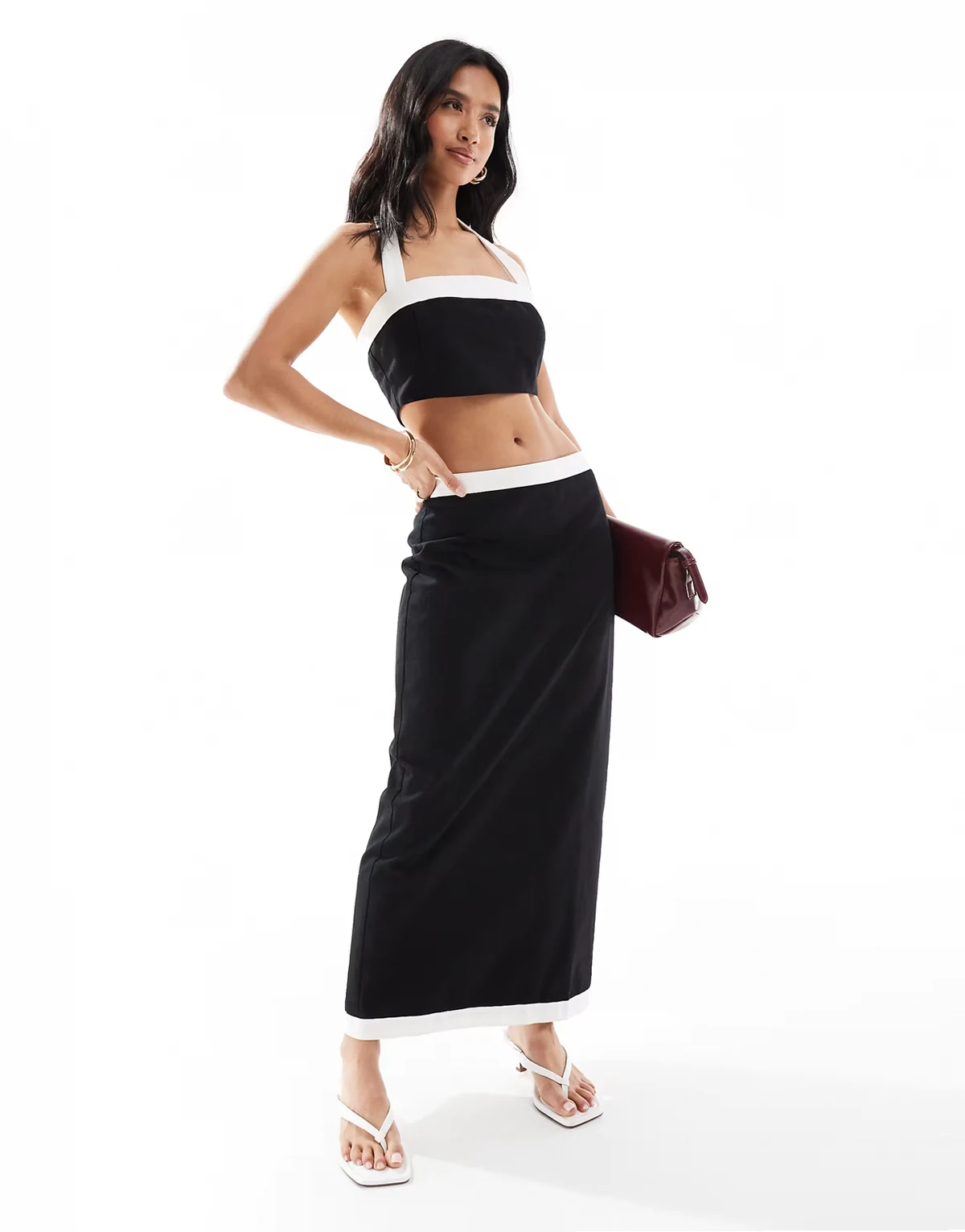 linen look contrast edge maxi skirt in mono - part of a set
